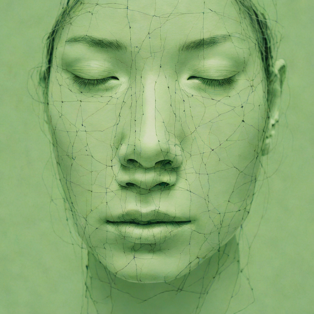 Delicate thin ink lines — face with closed eyes, wabi-sabi